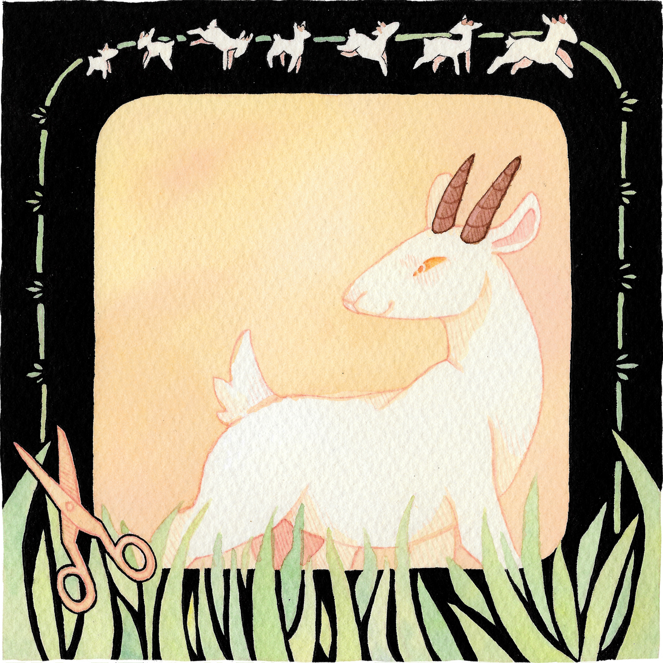 Der Wolf und die sieben jungen Geißlein - Stipendienwettbewerb AID 2022; Rohrer &amp; Klingner Zeichentusche (India Ink) auf 300 g/m² Baumwoll-Aquarellpapier